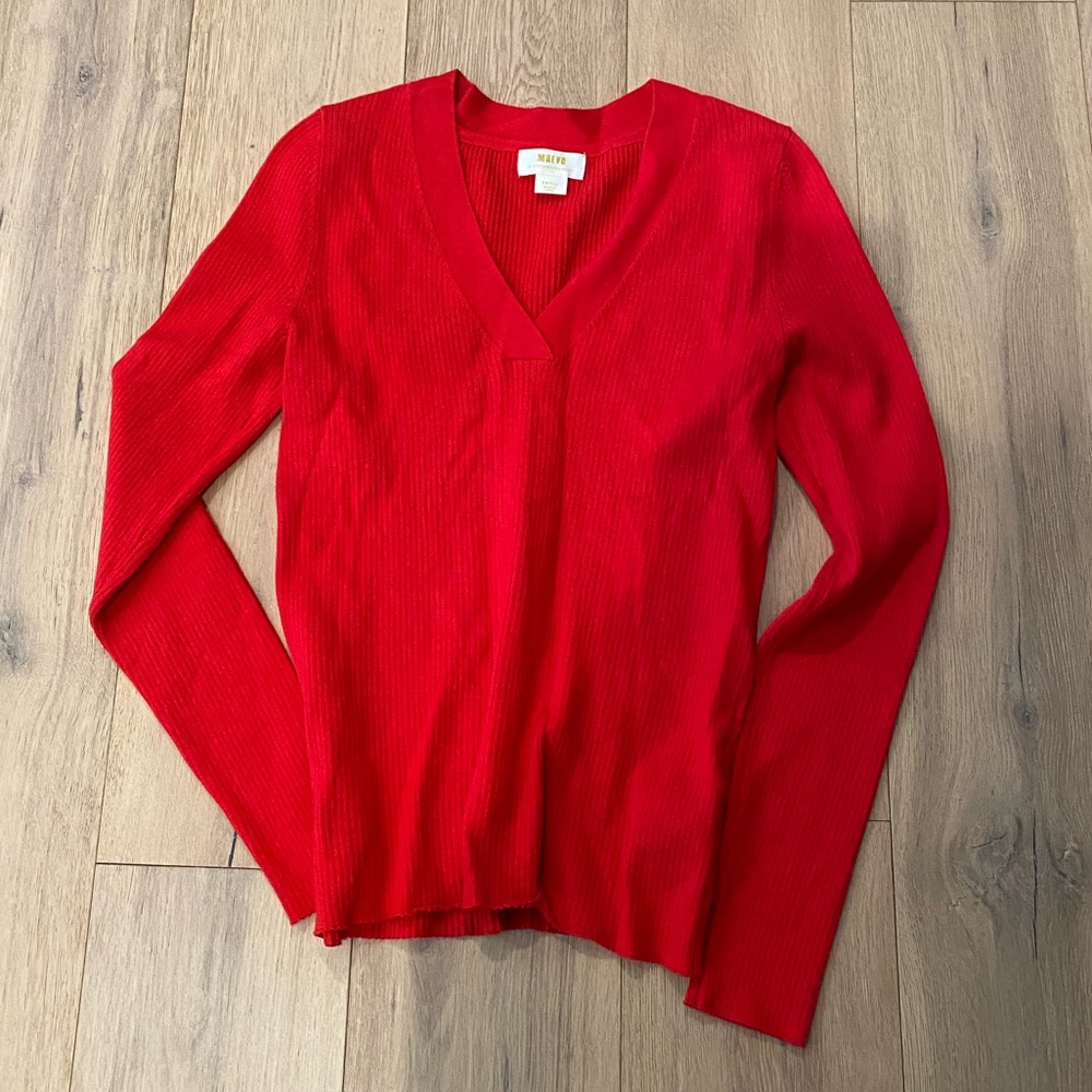 Anthropologie Maeve Ribbed Red V-Neck Knit Top EUC